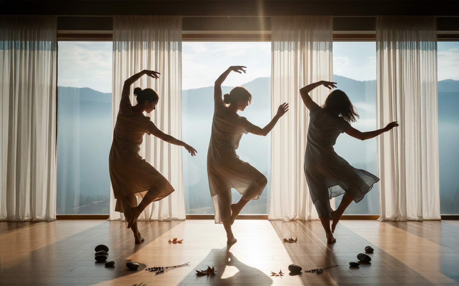 Trois femmes pratiquant la danse thérapeutique dans un studio lumineux face aux montagnes, séance de pleine conscience par le mouvement à Lausanne.